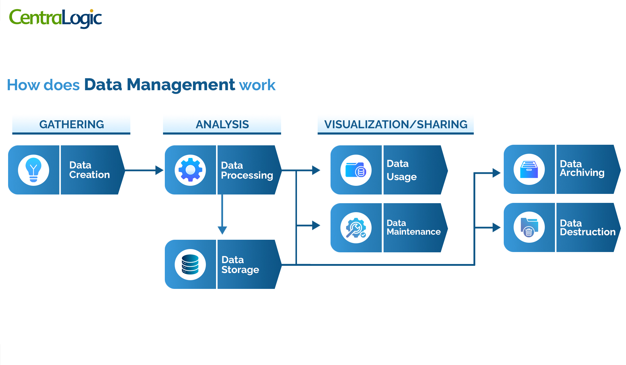 A data management flow diagram showing data collection, analysis and visualization/sharing process